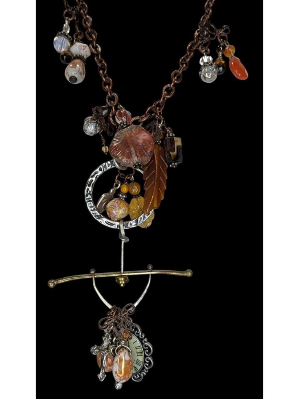 Vintage Handmade Charm Necklace Rustic Assemblage Statement Necklace Copper Chai